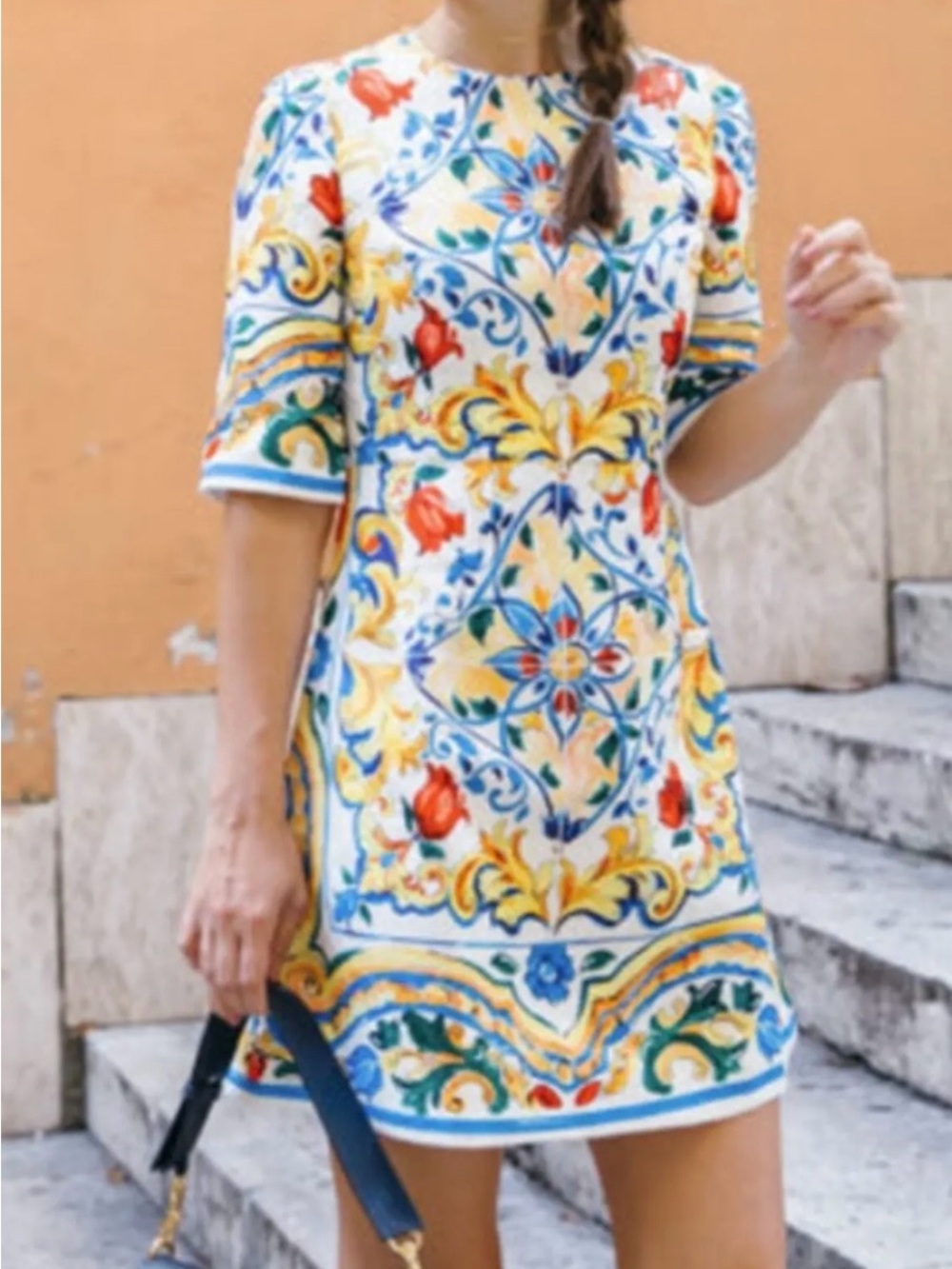 Floral Tile-Print Short Dress in White and Multi